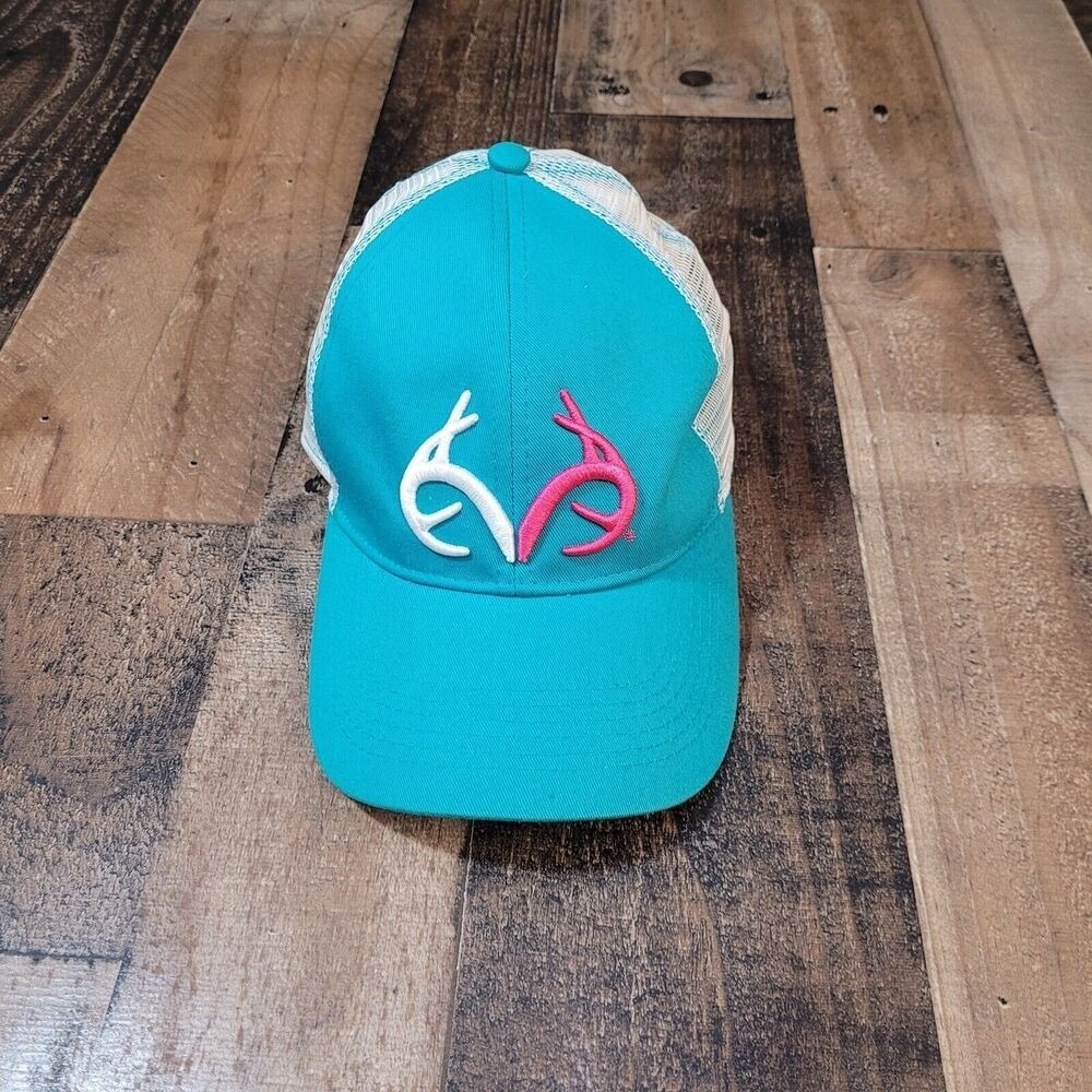Teal, Pink And white REALTREE OUTFITTER‎ LOGO TRUCKER BALL CAP HAT w/SNAP BACK